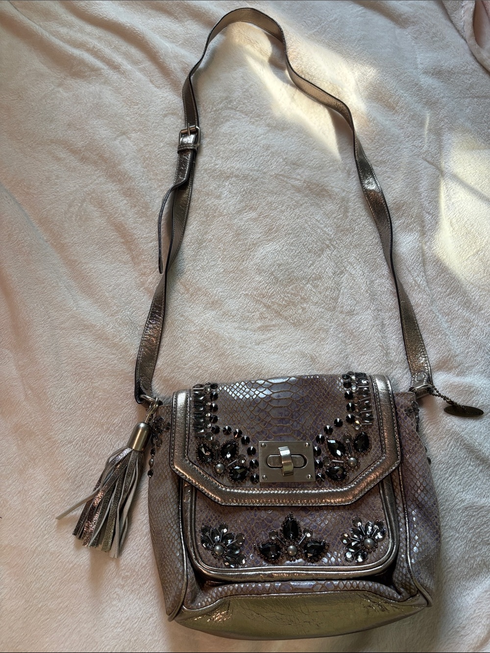 Mary Frances Metallic Pewter Bejeweled Crossbody